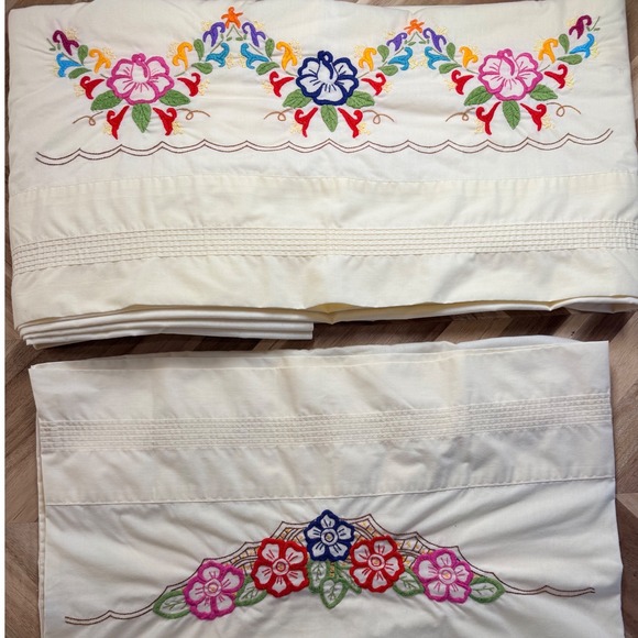 VTG Sears Perma Percale Full Flat Sheet+Pillow Case Embroidered Floral Cottage - Picture 6 of 8